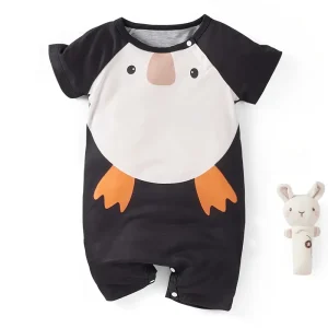 1pc LULUKAKA Baby Boys' Casual Penguin Print Romper, Cute Animal Pattern, Polyester 95% Spandex 5% Knit Fabric, Regular Fit, Spring/Summer Infant Bodysuit Shorts, for Outdoor