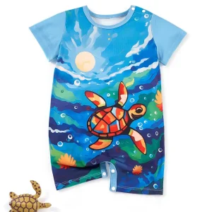 Adorable Sea Turtle Print Onesie for Baby Boys - Soft Polyester & Spandex Blend, Short Sleeve, Round Neck Romper - Perfect for Spring/Summer, LULUKAKA, Perfect for Outdoor